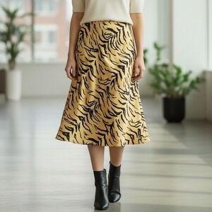 Madewell 100% Silk Tiger Print Midi Slip Skirt Yellow Black Size 00 Animal Print